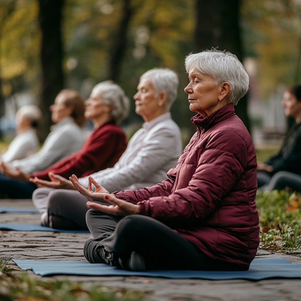 Група пенсіонерів займається йогою в парку