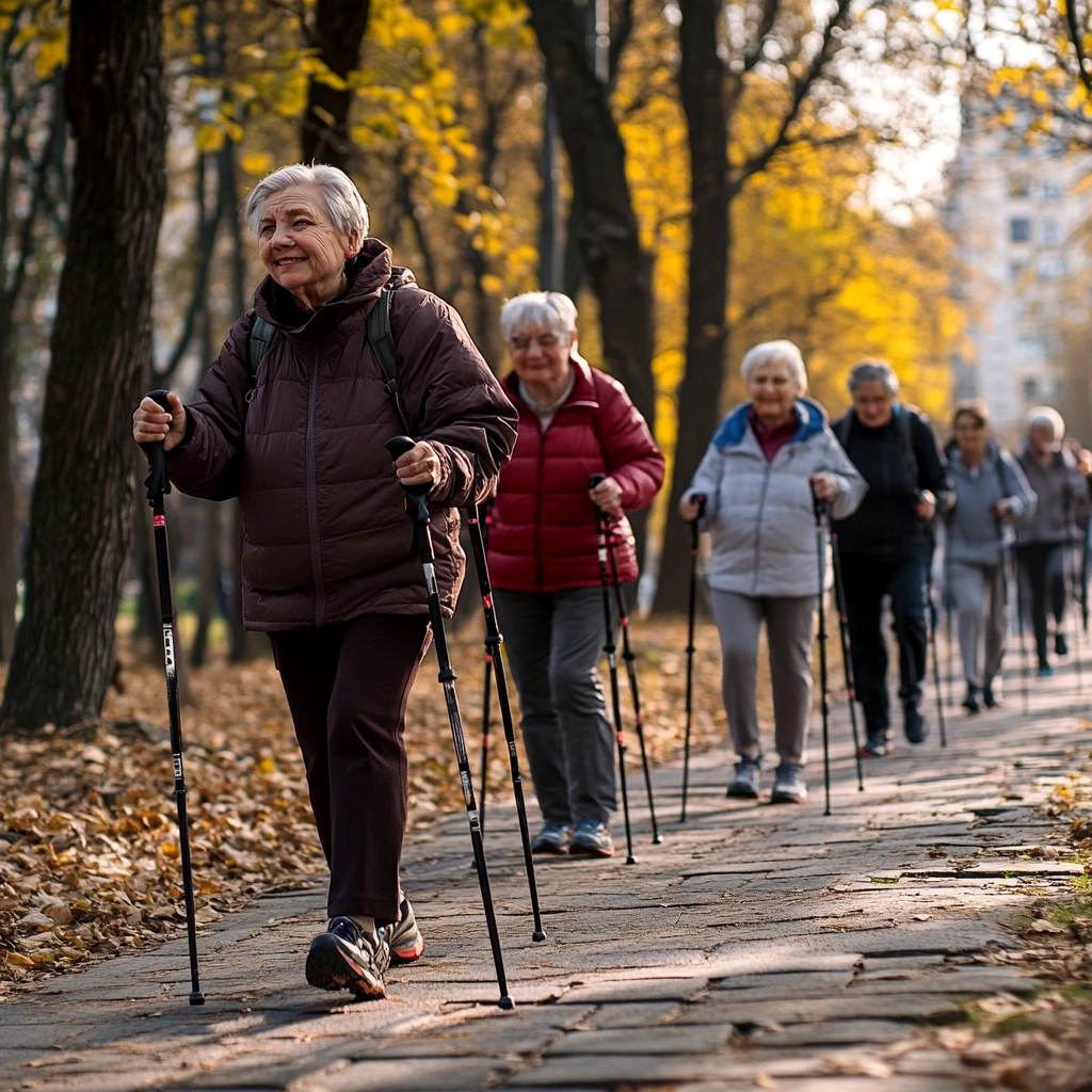 Скандинавська ходьба для пенсіонерів у парку